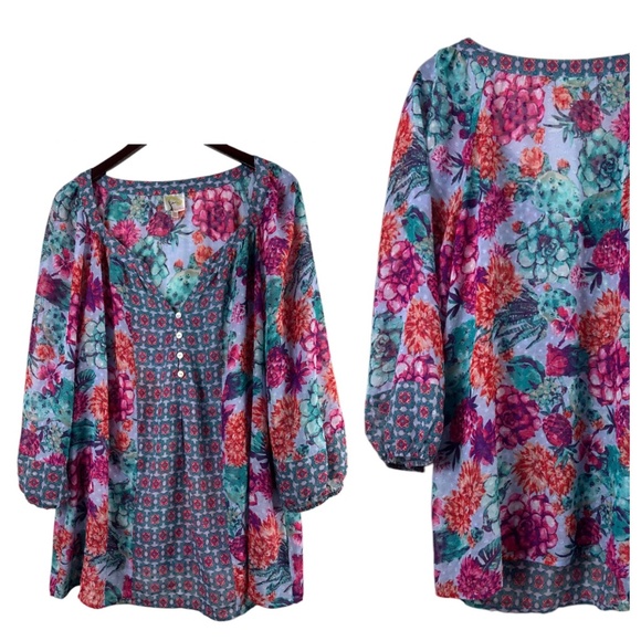 Fig and Flower Anthropologie 3X 22 24 Top Tunic Shirt Floral Vibrant Silky Sheer - Picture 1 of 5